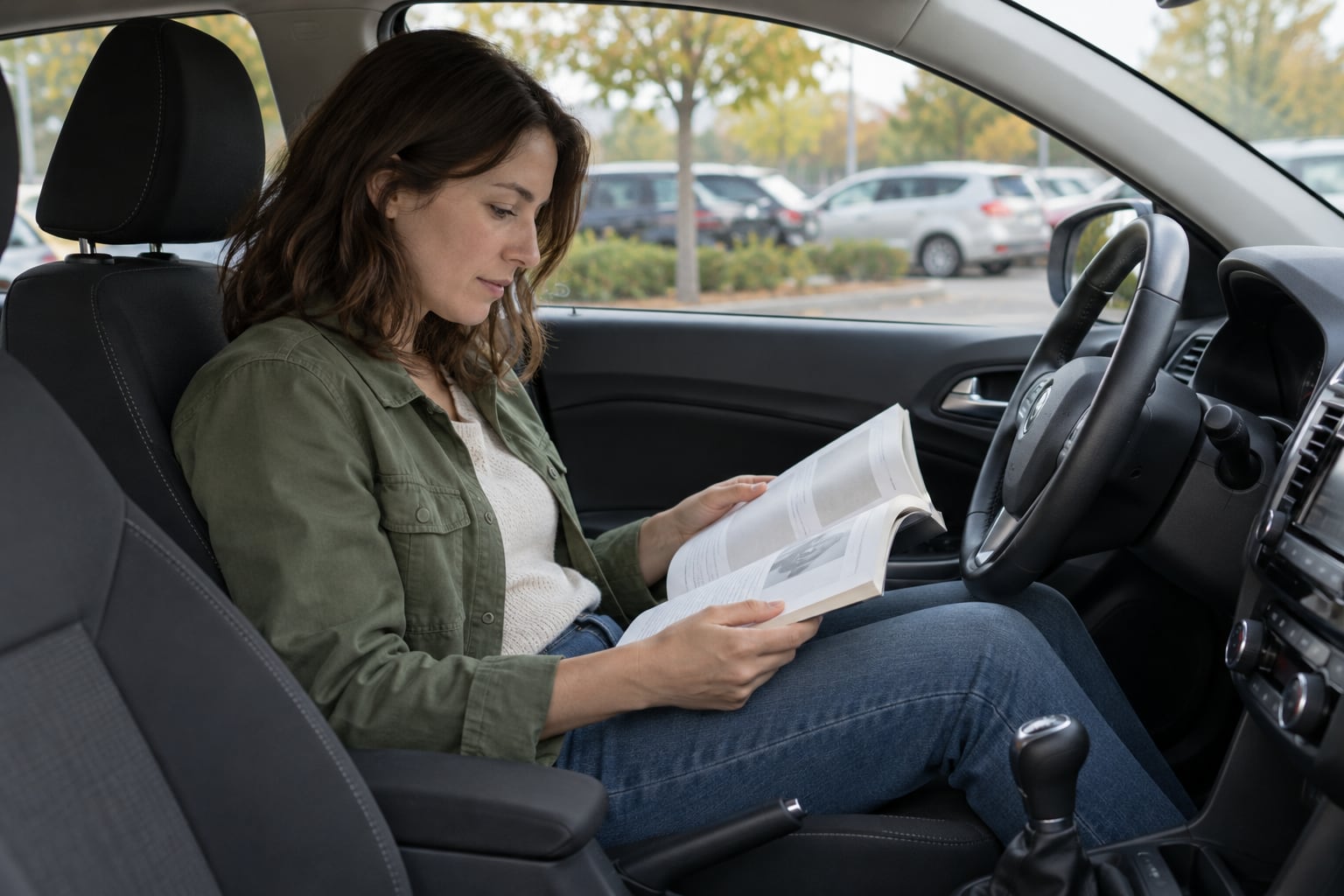 Une personne consulte une notice papier dans une voiture stationnée, devant un parking.